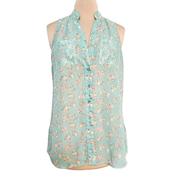 Wishful Park Tops - Green Floral Tunic Top Lace Collar Pockets XL Fairy Dainty Y2K Feminine Romantic